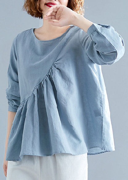 Light Blue O-neck Patchwork Ruffles Cotton Shirts Spring