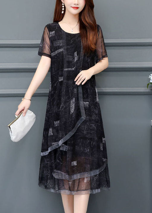Black O-neck Print Chiffon Holiday Dress Summer