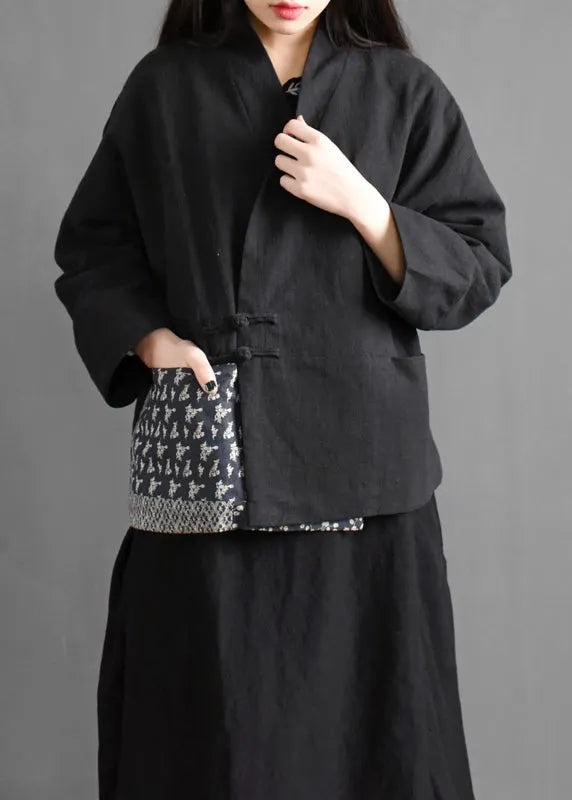Black V Neck Pockets Patchwork Fine Cotton Filled Coat Batwing Sleeve