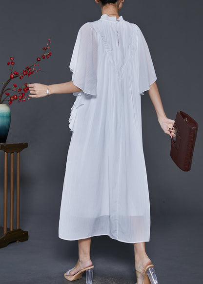 White Wrinkled Chiffon Long Dresses Butterfly Sleeve