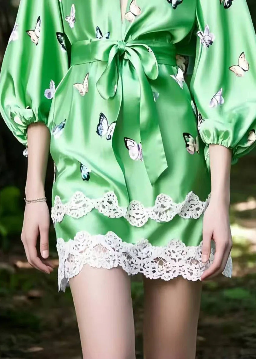 Fine Green Butterfly Patchwork Lace Silk Tea Dresses Bracelet Sleeve