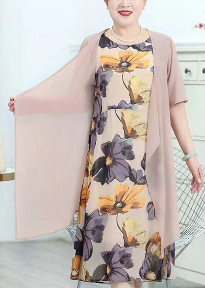 Pink O-neck Print Patchwork Chiffon Two Piece Suit Summer
