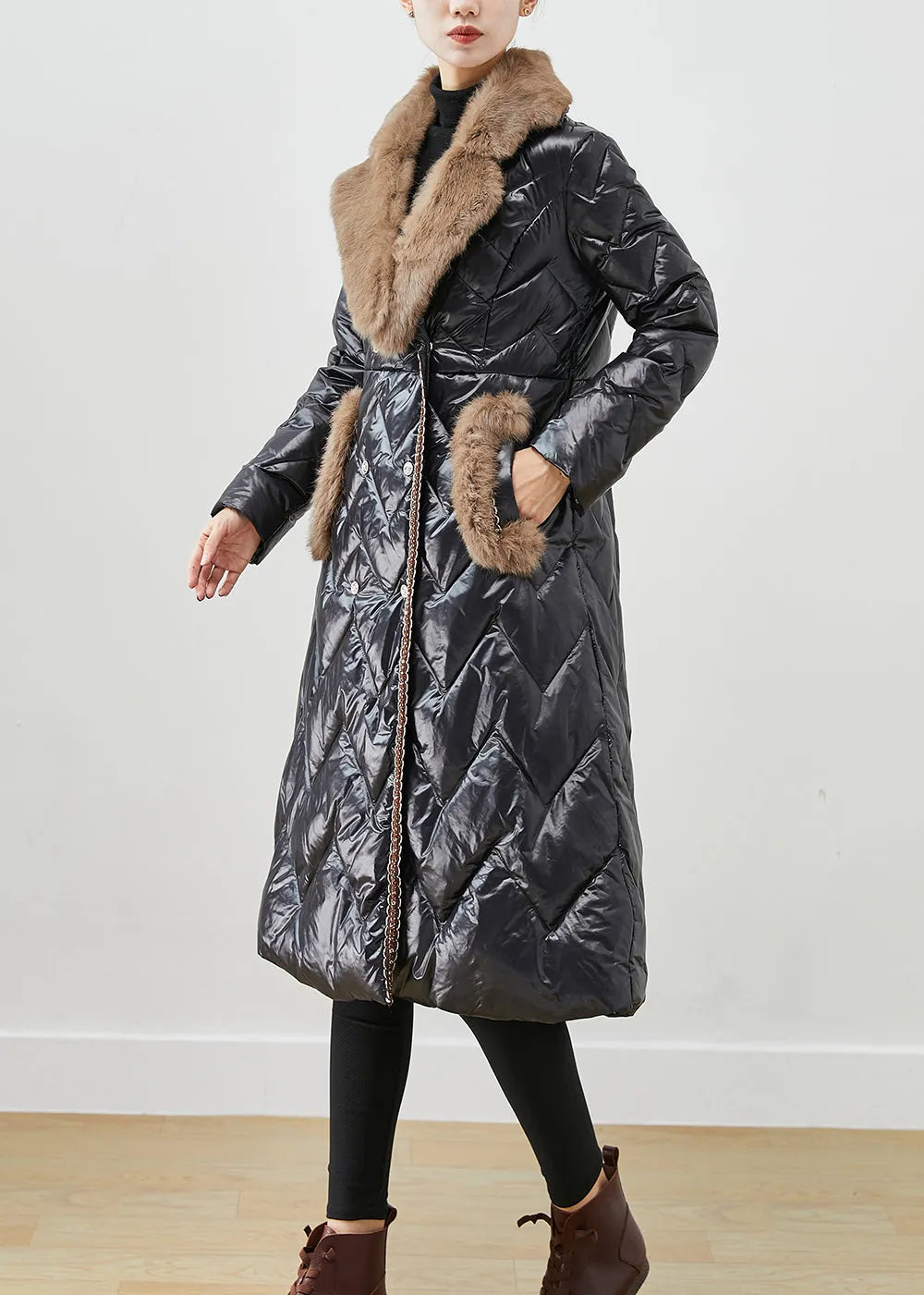 Black Fur Collar Patchwork Duck Down Puffers Jackets Winter