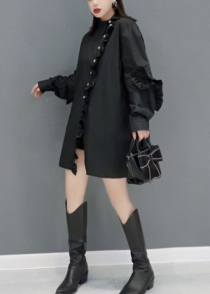 Black Peter Pan Collar Asymmetrical Ruffled Cotton Shirt Tops Spring
