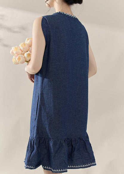 Blue Print Patchwork Denim Mid Dresses Sleeveless