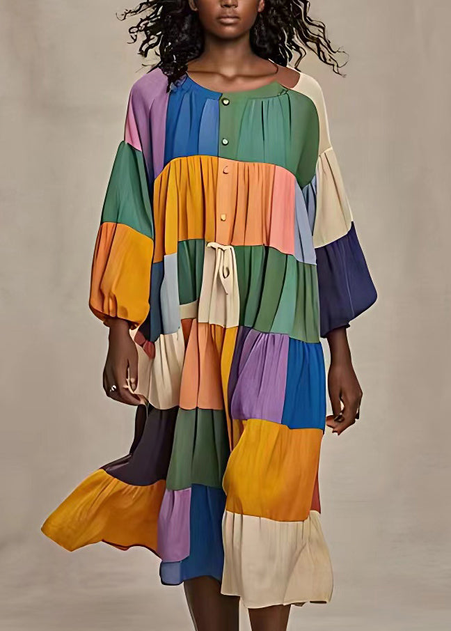 Button Lace Up Patchwork Cotton Long Dresses Long Sleeve