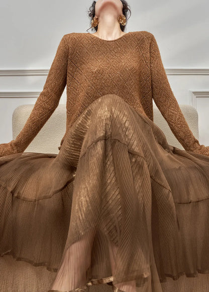 New Brown Hollow Out Knit Sweaters and Wrinkled Skirts Two Pieces Set Winter