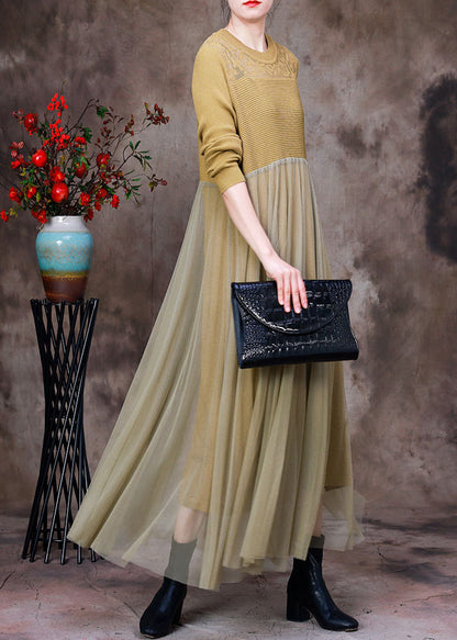 Stylish Yellow O-neck Tulle Patchwork Knit Dress Long Sleeve