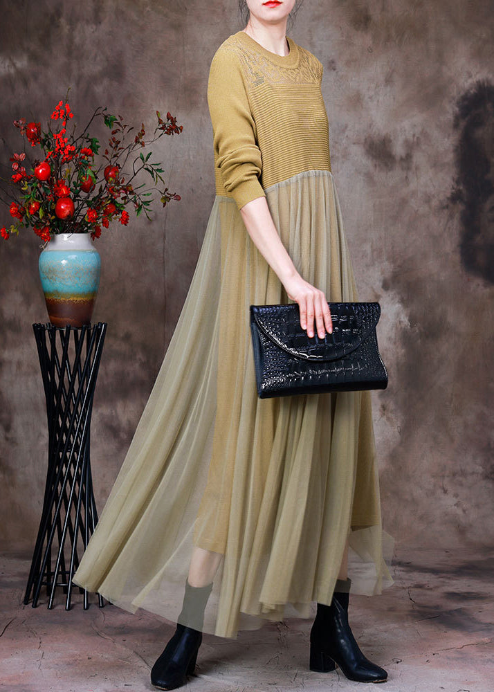 Stylish Yellow O-neck Tulle Patchwork Knit Dress Long Sleeve