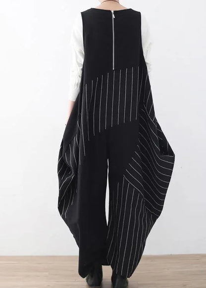 Spring Summer Cotton Hemp Oversized Asymmetric Striped Jumpsuit