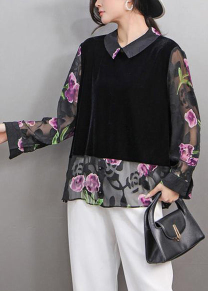 Black Peter Pan Collar Print Fake Two Pieces Silk Velour Shirt Spring