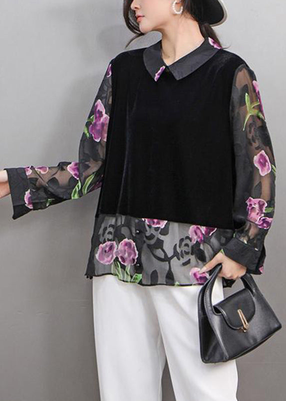 Black Peter Pan Collar Print Fake Two Pieces Silk Velour Shirt Spring