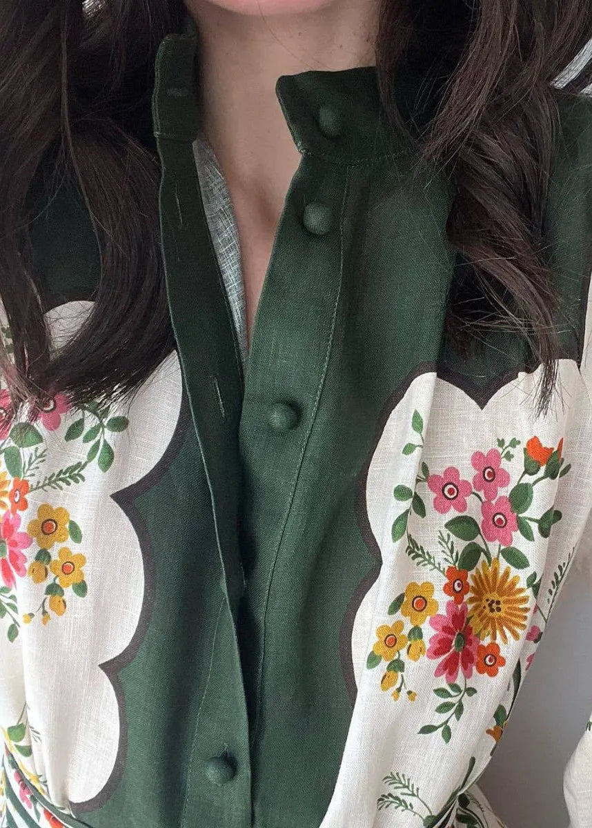 White Print Pockets Tie Waist Linen Shirts Dresses Long Sleeve