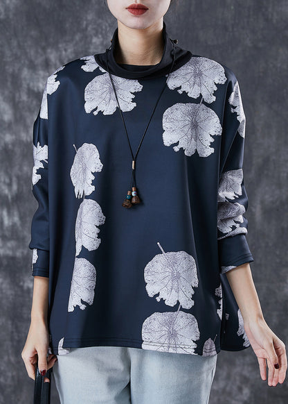 Black Turtle Neck Lotus Leaf Print Spandex Top Spring