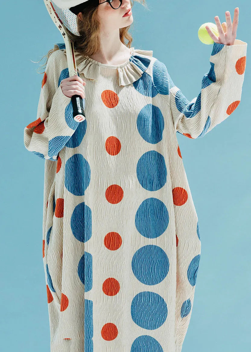 Stylish Apricot Dot Print Silk Velour Maxi Dress Fall