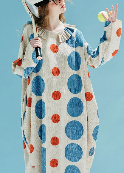 Stylish Apricot Dot Print Silk Velour Maxi Dress Fall