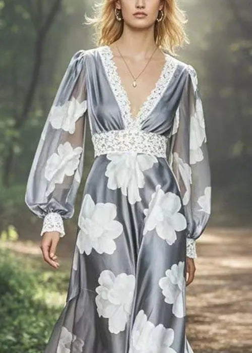 Grey V Neck Print Patchwork Silk Long Dresses Spring