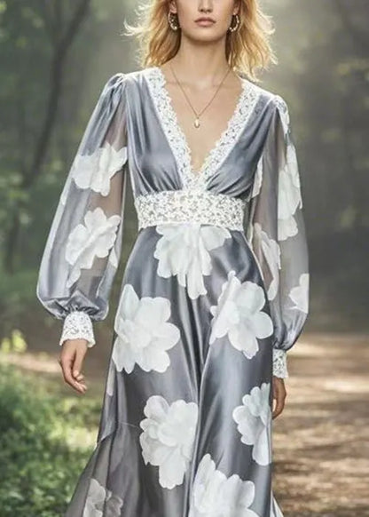 Grey V Neck Print Patchwork Silk Long Dresses Spring