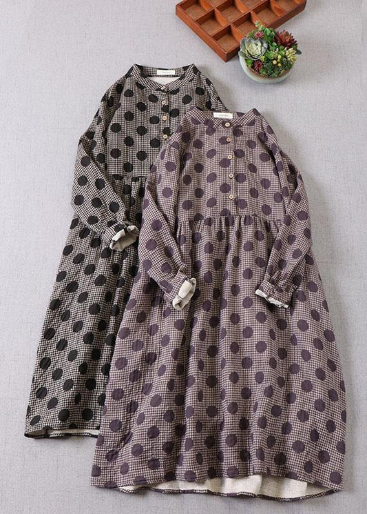 Purple Button Patchwork Pockets Fall Print Party Dress Long Sleeve