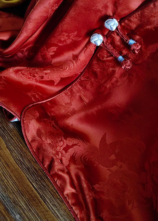 Orange Chinese Button Jacquard Patchwork Silk Blouses Spring