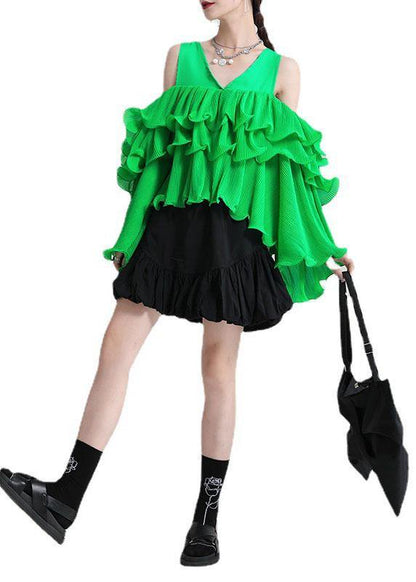 Green Asymmetrical Design Ruffled Cold Shoulder Chiffon Top Long Sleeve