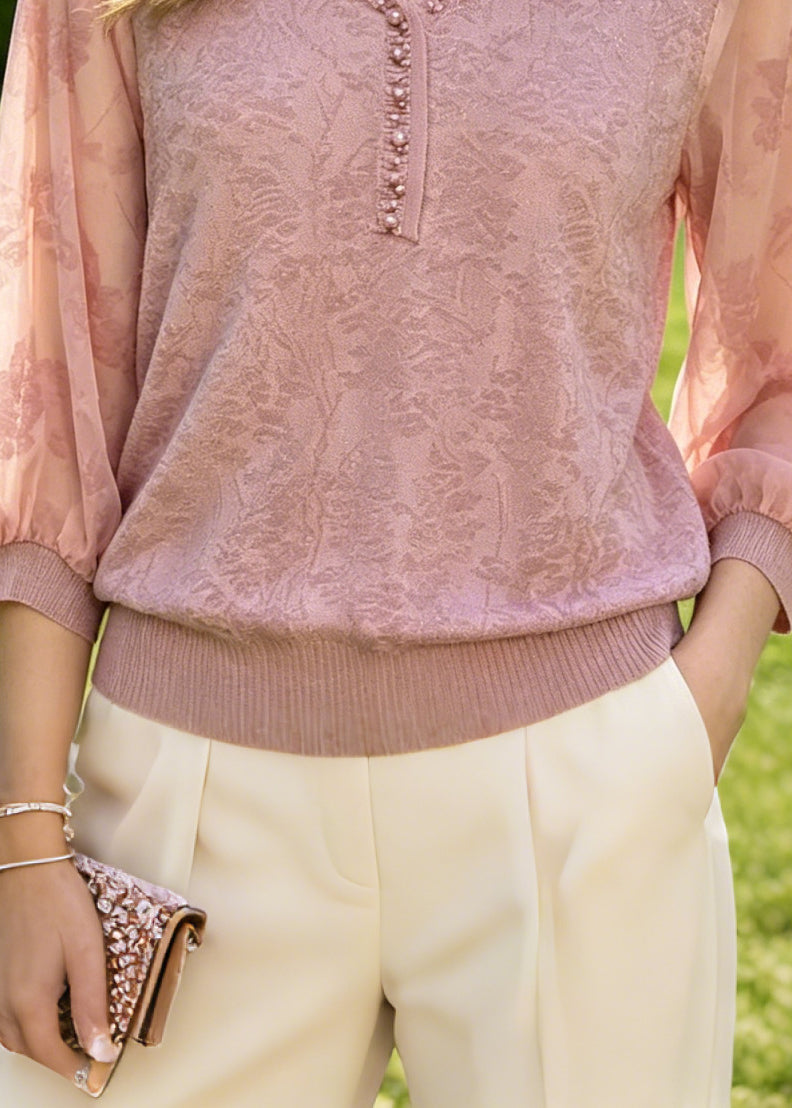 Natural Pink Jacquard Nail Bead Cotton Shirt Top Summer