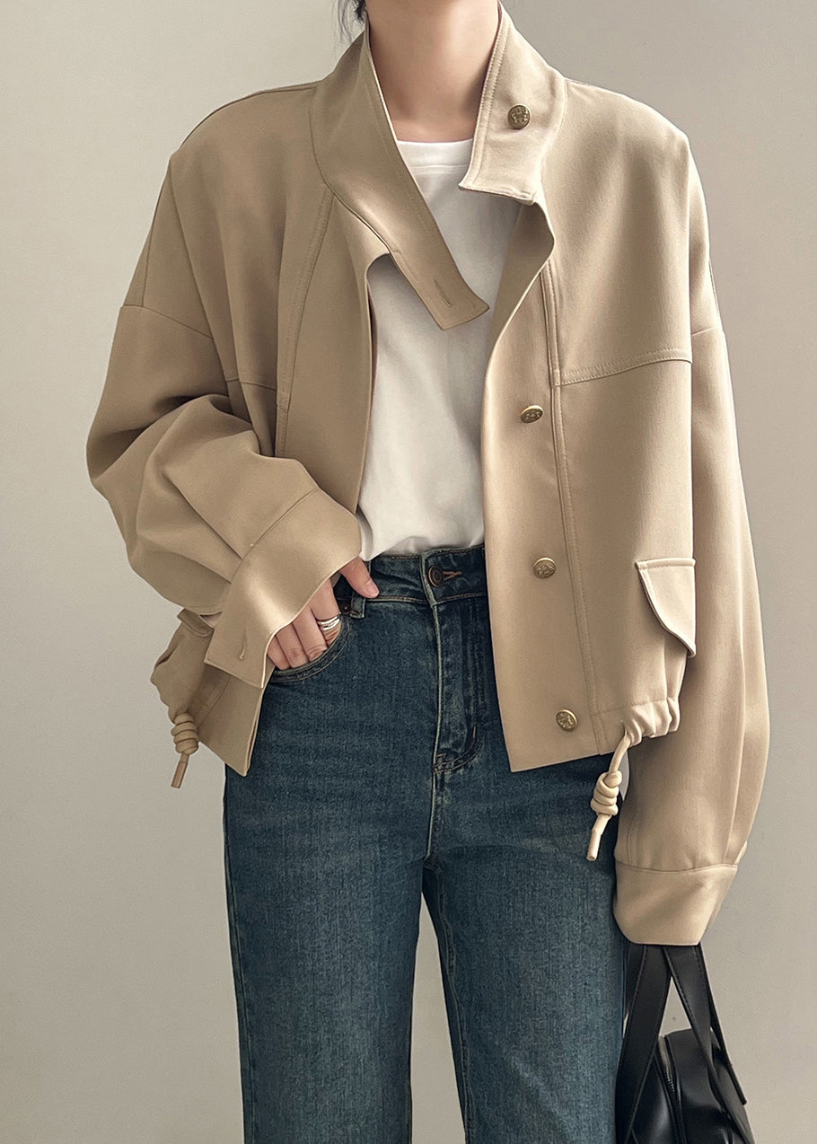 Khaki Stand Collar Drawstring Cotton Coat Outwear Fall
