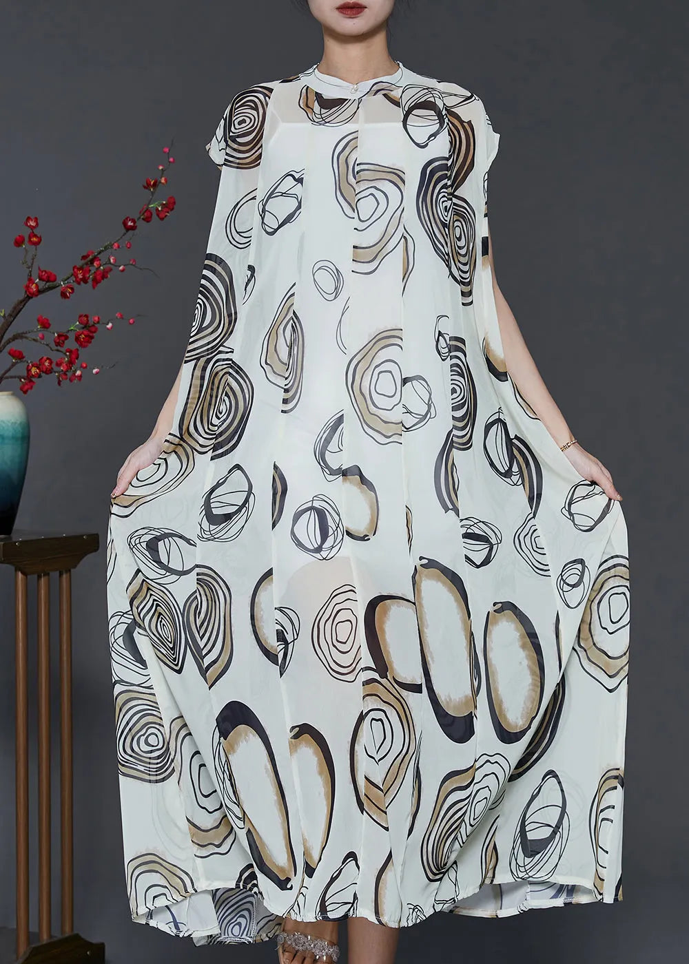 White Stand Collar Print Chiffon Holiday Dress Two Piece Set Summer