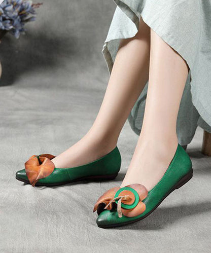 Green Splicing Cowhide Leather Flat Shoes Pointed Toe