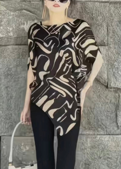 Beige Asymmetrical Print Cotton Blouse Tops Summer