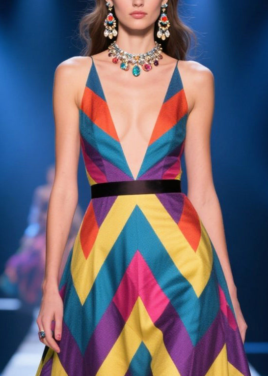 Colorblock Print Flower Decorated Silk Maxi Dress Summer