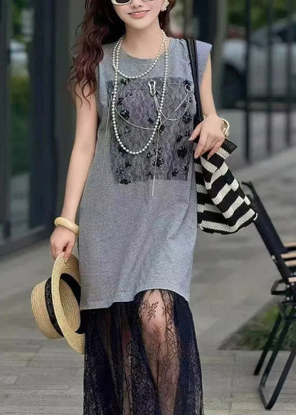Brown Backless Patchwork Lace Straight Dresses Sleeveless