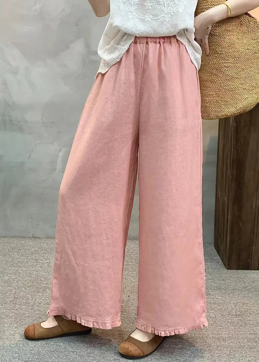 Unique Pink Ruffled Linen Straight Pants Summer