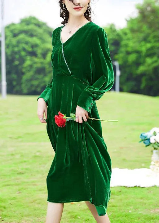 Green V Neck Patchwork Silk Velour Holiday Dress Spring