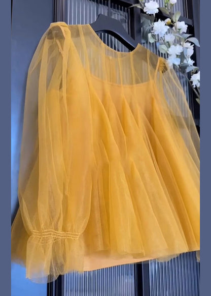 Simple Yellow O-neck Tulle Two Piece Set Fall
