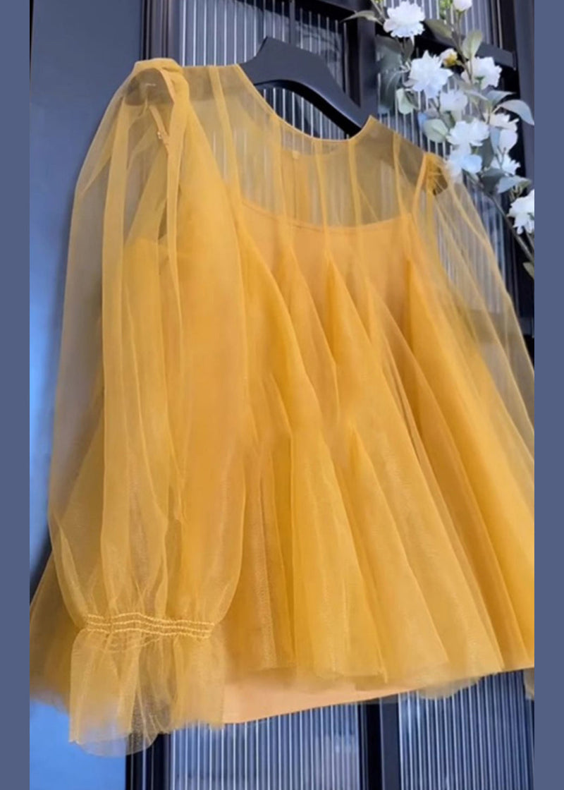 Simple Yellow O-neck Tulle Two Piece Set Fall