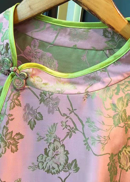 Oriental Pink Stand Collar Button Asymmetrical Print Silk Tops Spring
