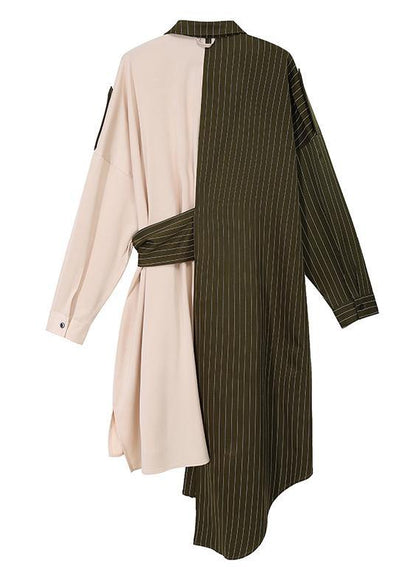 Autumn Asymmetrical Shirt Dress Long Sleeve Striped Sashes Stylish Robe