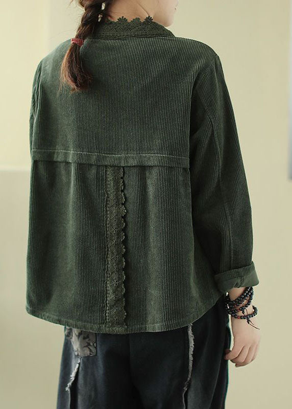 Green Pockets Patchwork Lace Corduroy Coats Long Sleeve