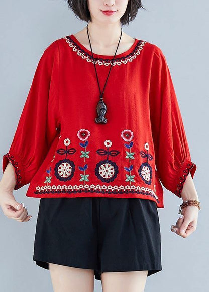 White Embroideried Batwing Sleeve Shirt Tops Summer Cotton Linen
