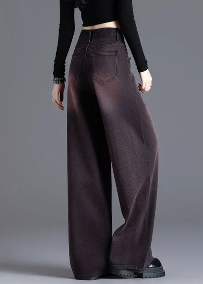 American Style Red Black High Waisted Warm Fleece Denim Wide Leg Pants Winter