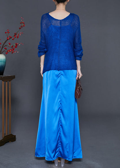 Blue Asymmetrical Design Knit Tops and Dresses Two Piece Suit Set Fall