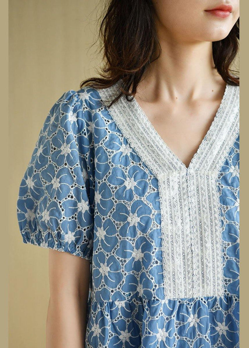 Blue Patchwork V Neck Embroideried Summer Cotton Dress Short Sleeve