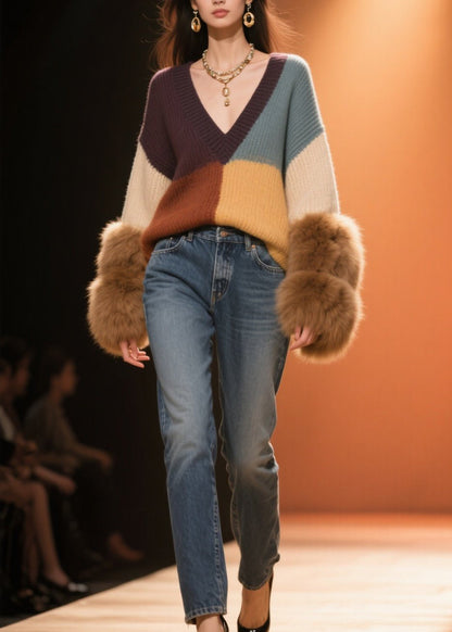 Colorblock V Neck Fuzzy Fur Fluffy Patchwork Knit Sweaters Fall