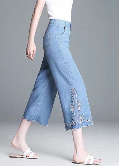 Blue High Waist Hollow Out Crop Jeans Summer
