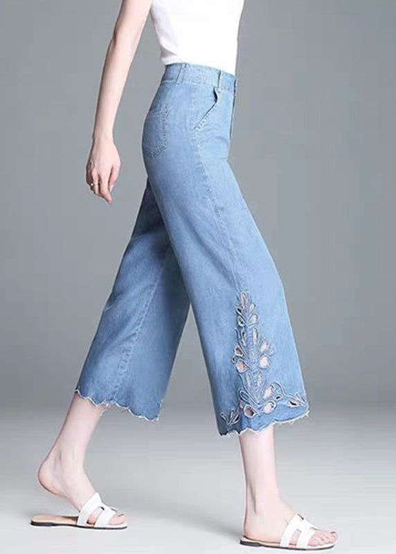 Blue High Waist Hollow Out Crop Jeans Summer
