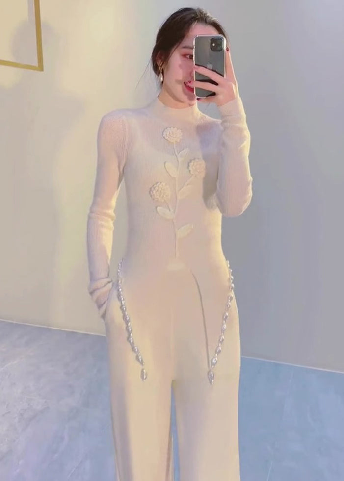 White Pearl Patchwork Knitting Cotton Two-piece Set Long Sleeve