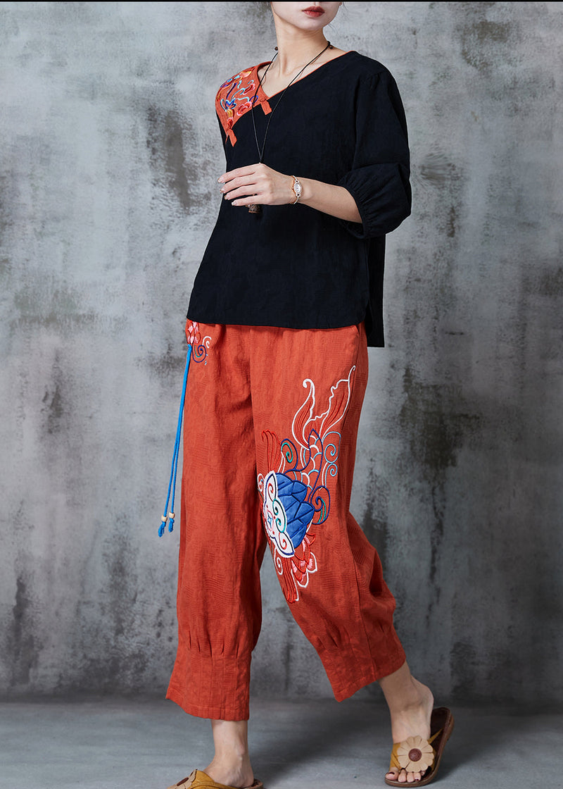 Black Embroidered Patchwork Linen Two Pieces Set Summer