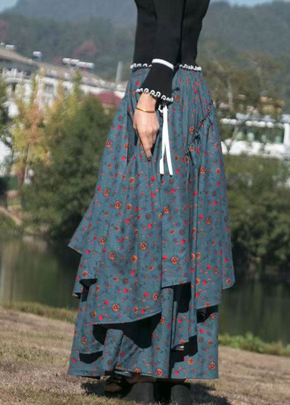 French Dark Grey Tie Waist Print Wrinkled a Line Skirts Fall