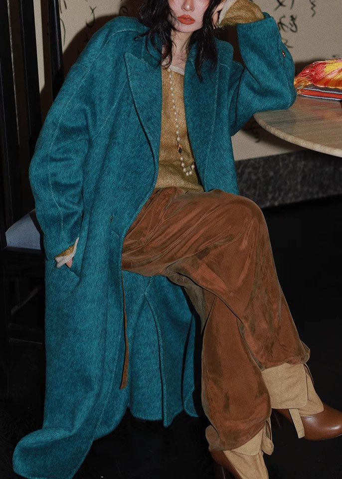 Peacock Blue Notched Pockets Woolen Maxi Coats Long Sleeve